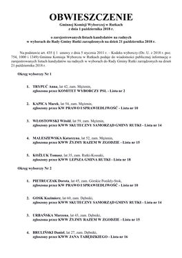 OBWIESZCZENIE Gminnej Komisji Wyborczej W Rutkach Z Dnia 1 Października 2018 R