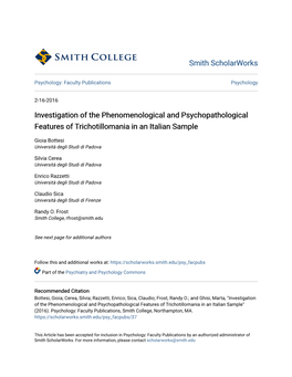 Investigation of the Phenomenological and Psychopathological Features of Trichotillomania in an Italian Sample