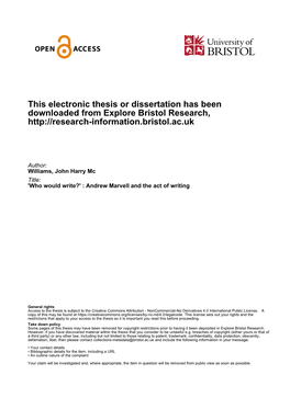 This Electronic Thesis Or Dissertation Has Been Downloaded from Explore Bristol Research