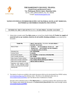 THE BAREFOOT COLLEGE, TILONIA (Social Work and Research Centre) Via- Madanganj, District-Ajmer, Rajasthan India Tel No: 1463-,288210,288351, Fax