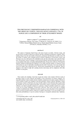 Two Previously Unreported Barnacles Commensal with the Green Sea Turtle, Chelonia Mydas (Linnaeus, 1758), in Hawaii and a Comparison of Their Attachment Modes