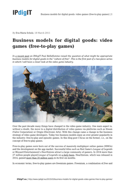 Business Models for Digital Goods: Video Games (Free-To-Play Games) | 1