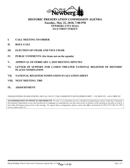 HISTORIC PRESERVATION COMMISSION AGENDA Tuesday, May 22, 2018, 7:00 PM NEWBERG CITY HALL 414 E FIRST STREET