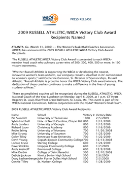 2009 RUSSELL ATHLETIC/WBCA Victory Club Award Recipients Named 2008-09 031109