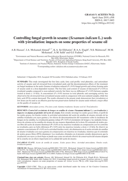 Controlling Fungal Growth in Sesame (Sesamum Indicum L.) Seeds with F-Irradiation: Impacts on Some Properties of Sesame Oil