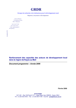 Renforcement Des Capacités Des Acteurs De Développement Local Dans La Région De Kayes Au Mali Document Programme – Année 2