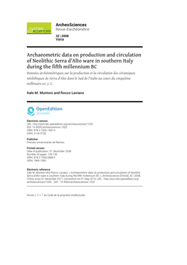 Archaeometric Data on Production and Circulation of Neolithic Serra D'alto