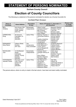 STATEMENT of PERSONS NOMINATED Election of County