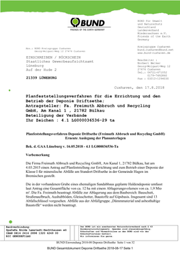 Stellungnahme BUND Cuxhaven Bauschuttdeponie Driftsethe V. 20. August 2018