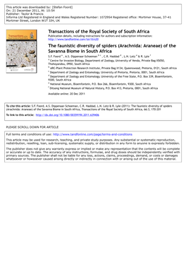 The Faunistic Diversity of Spiders (Arachnida: Araneae) of the Savanna Biome in South Africa S.F