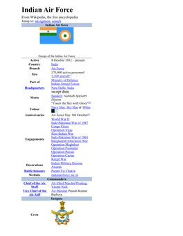 Indian Air Force from Wikipedia, the Free Encyclopedia Jump To: Navigation, Search Indian Air Force