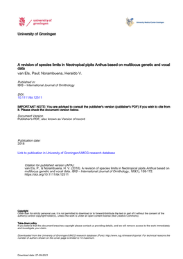 A Revision of Species Limits in Neotropical Pipits Anthus Based on Multilocus Genetic and Vocal Data Van Els, Paul; Norambuena, Heraldo V