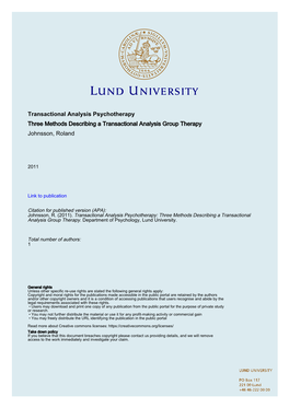 Transactional Analysis Psychotherapy Three Methods Describing a Transactional Analysis Group Therapy Johnsson, Roland