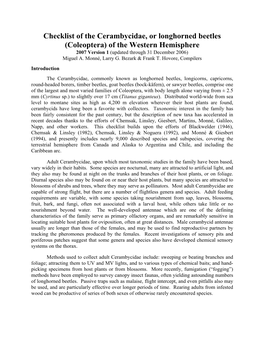 (Coleoptera) of the Western Hemisphere 2007 Version 1 (Updated Through 31 December 2006) Miguel A
