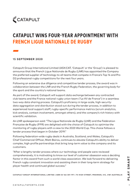 Catapult Wins Four-Year Appointment with French Ligue Nationale De Rugby