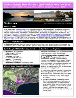 Goleta Slough State Marine Conservation Area (No-Take) Southern California Marine Protected Areas (Mpas), Established January 2012