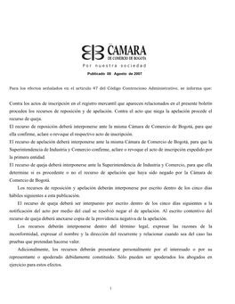 Contra Los Actos De Inscripción En El Registro Mercantil Que Aparecen Relacionados En El Presente Boletín Proceden Los Recursos De Reposición Y De Apelación