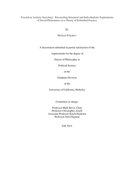 Toward an Analytic Sociology: Reconciling Structural and Individualistic Explanations of Social Phenomena Via a Theory of Embodied Practice