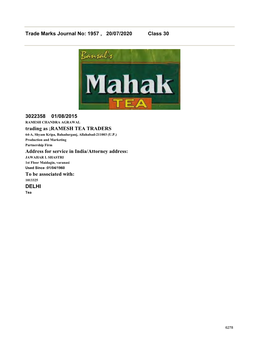 Trade Marks Journal No: 1957 , 20/07/2020 Class 30