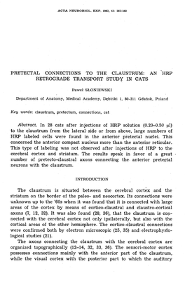 Pretectal Connections to the Claustrum: an .Hrp Retrograde Transport Study in Cats