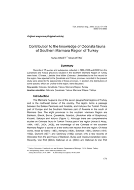 Contribution to the Knowledge of Odonata Fauna of Southern Marmara Region of Turkey