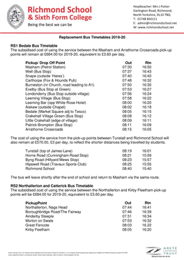 Replacement Bus Timetables 2019-20 RS1 Bedale Bus Timetable the Subsidised Cost of Using the Service Between the Masham and Arra