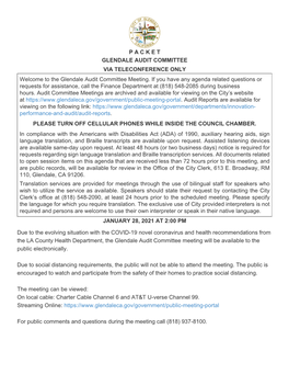 P a C K E T GLENDALE AUDIT COMMITTEE VIA TELECONFERENCE ONLY Welcome to the Glendale Audit Committee Meeting. If You Have Any Ag