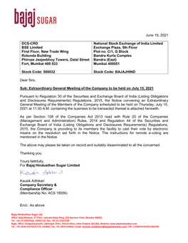 June 19, 2021 DCS-CRD BSE Limited First Floor, New Trade Wing