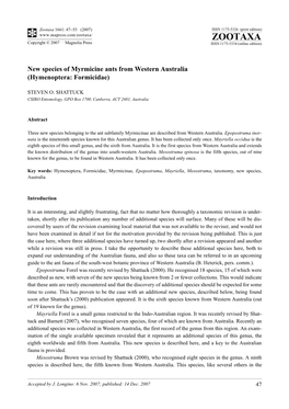 Zootaxa, New Species of Myrmicine Ants from Western