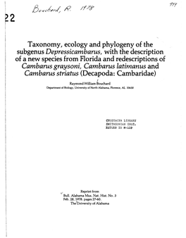 Taxonomy, Ecology and Phylogeny of the Subgenus Depressicambarus, with the Description of a New Species from Florida and Redescr