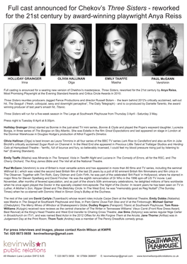 Full Cast Announced for Chekov's Three Sisters