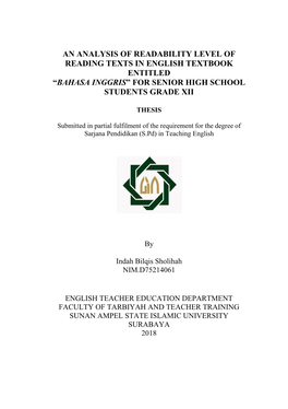 An Analysis of Readability Level of Reading Texts in English Textbook Entitled “Bahasa Inggris” for Senior High School Students Grade Xii