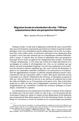 Migration Forcée Et Urbanisation De Crise : L'afrique Subsaharienne Dans