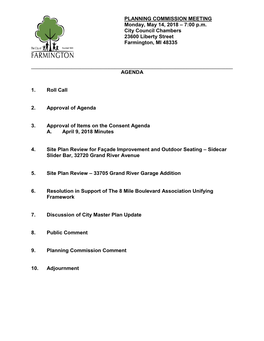 PLANNING COMMISSION MEETING Monday, May 14, 2018 – 7:00 P.M