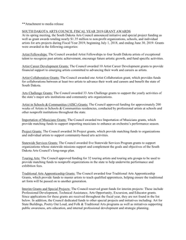 **Attachment to Media Release SOUTH DAKOTA ARTS COUNCIL FISCAL YEAR 2019 GRANT AWARDS at Its Spring Meeting, the South Dakota Ar