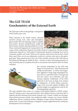 The G2E TEAM Geochemistry of the External Earth