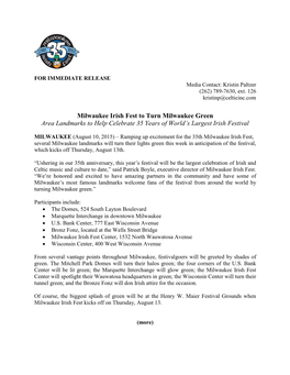 Milwaukee Irish Fest to Turn Milwaukee Green Area Landmarks to Help Celebrate 35 Years of World’S Largest Irish Festival