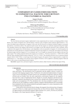 Comparison of Closed-Form Solutions to Experimental Magnetic Force Between Two Cylindrical Magnets