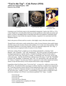 Cole Porter (1934) Added to the National Registry: 2006 Essay by Cary O’Dell