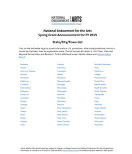 National Endowment for the Arts Spring Grant Announcement for FY 2019