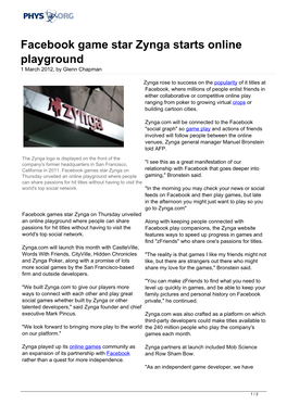 Facebook Game Star Zynga Starts Online Playground 1 March 2012, by Glenn Chapman