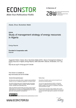 Study of Management Strategy of Energy Resources in Algeria