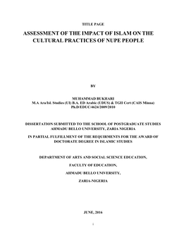 Assessment of the Impact of Islam on the Cultural Practices of Nupe People