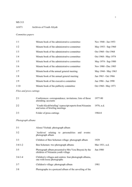 MS 313 A1071 Archives of Youth Aliyah Committee Papers 1/1