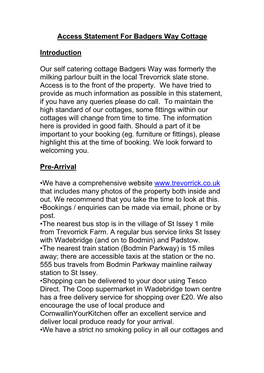 Access Statement for Badgers Way Cottage