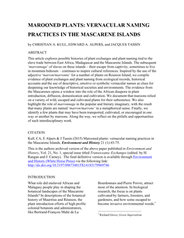 MAROONED PLANTS: VERNACULAR NAMING PRACTICES in the MASCARENE ISLANDS by CHRISTIAN A