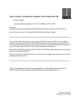 Tokyo As an Idea: an Exploration of Japanese Urban Thought Until 1945 Henry D. Smith Journal of Japanese Studies, Vol. 4, No. 1