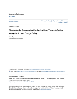 Thank You for Considering Me Such a Huge Threat: a Critical Analysis of Iran's Foreign Policy