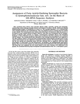 Assignment of Fatty Acid-P-Oxidizing Syntrophic Bacteria to Syntrophomonadaceae Fam. Nov. on the Basis of 165 Rrna Sequence Analyses