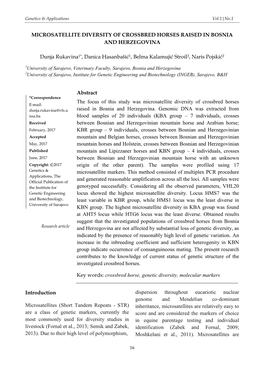 MICROSATELLITE DIVERSITY of CROSSBRED HORSES RAISED in BOSNIA and HERZEGOVINA Dunja Rukavina1*, Danica Hasanbašić1, Belma Kala